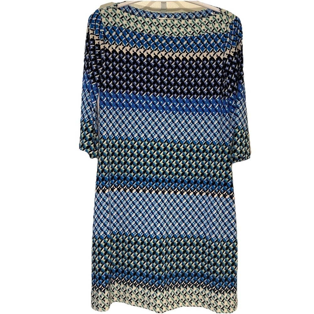 Donna Morgan Blue Geometric Shift Dress Size 6 Stretch Knit Work Church Stretch